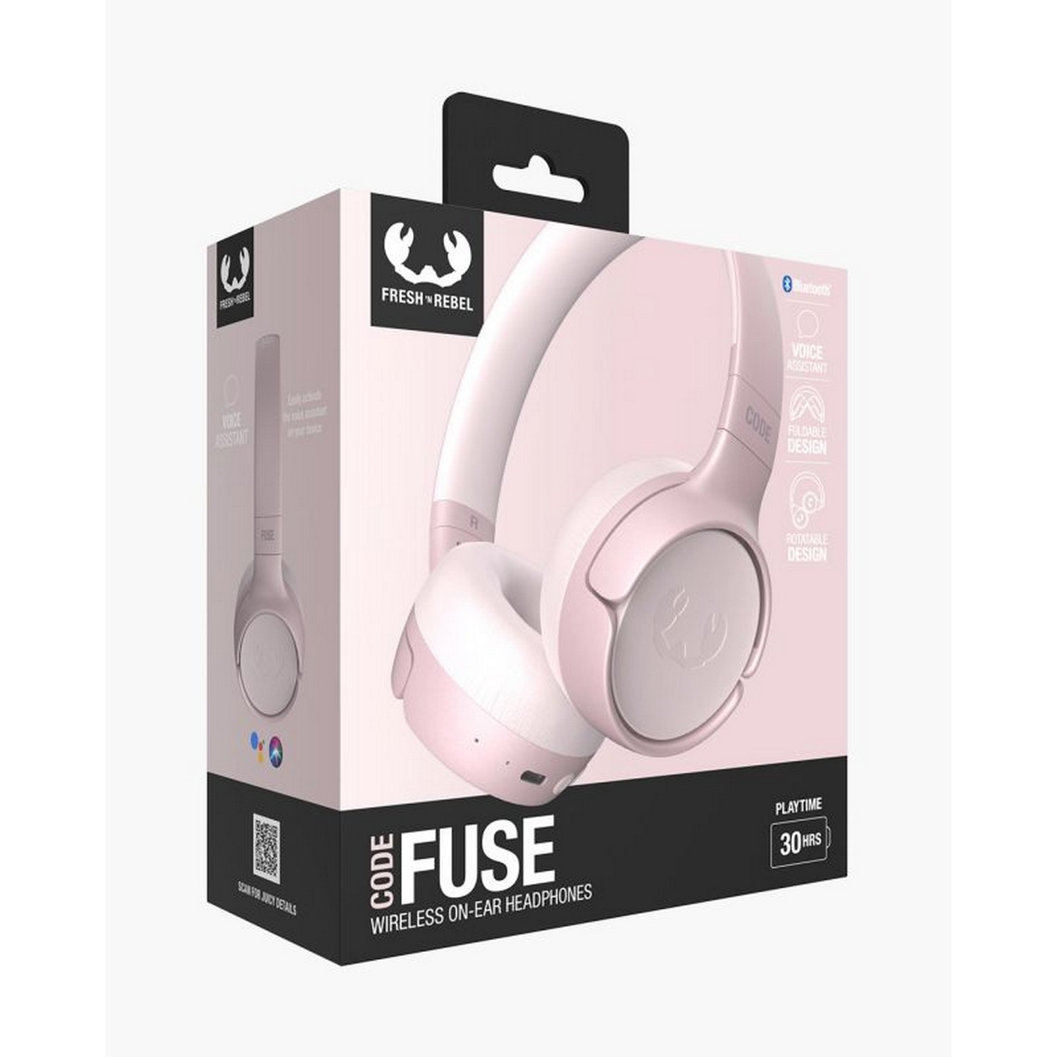 Roze en witte Fresh Rebel Code Fuse-hoofdtelefoon in een doos, met tekst en iconen.