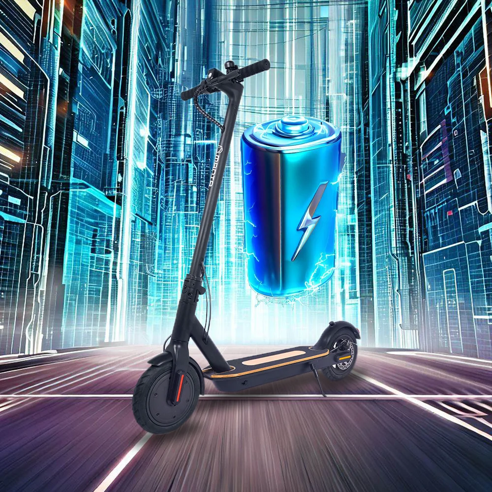 Hulajnoga elektryczna na tle futurystycznego krajobrazu miejskiego. Hulajnoga jest czarna i ma grafikę baterii.