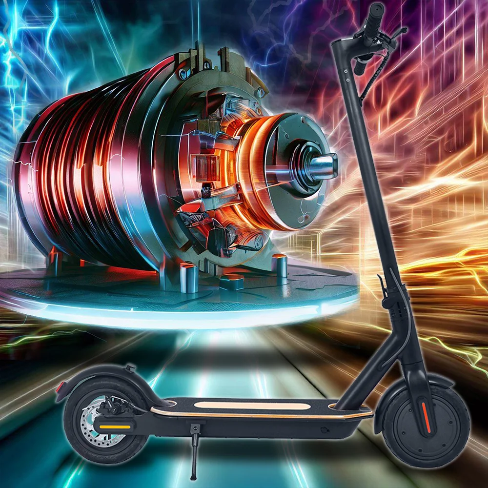 Hulajnoga elektryczna z futurystycznym tłem elektryczności i dużym silnikiem.