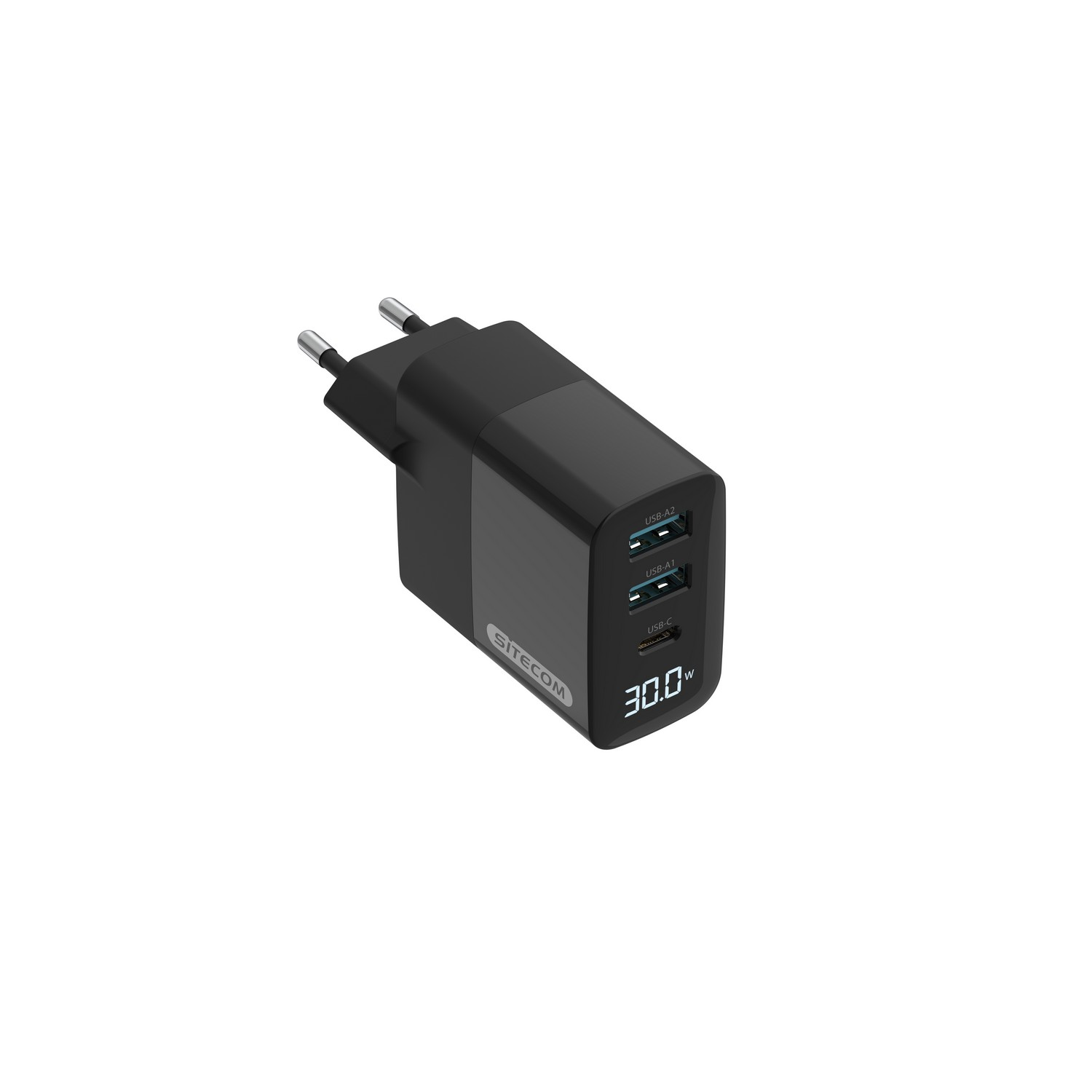 Een zwarte SITECOM USB-lader met twee USB-poorten en een USB-C-poort, met een output van 30,0W.