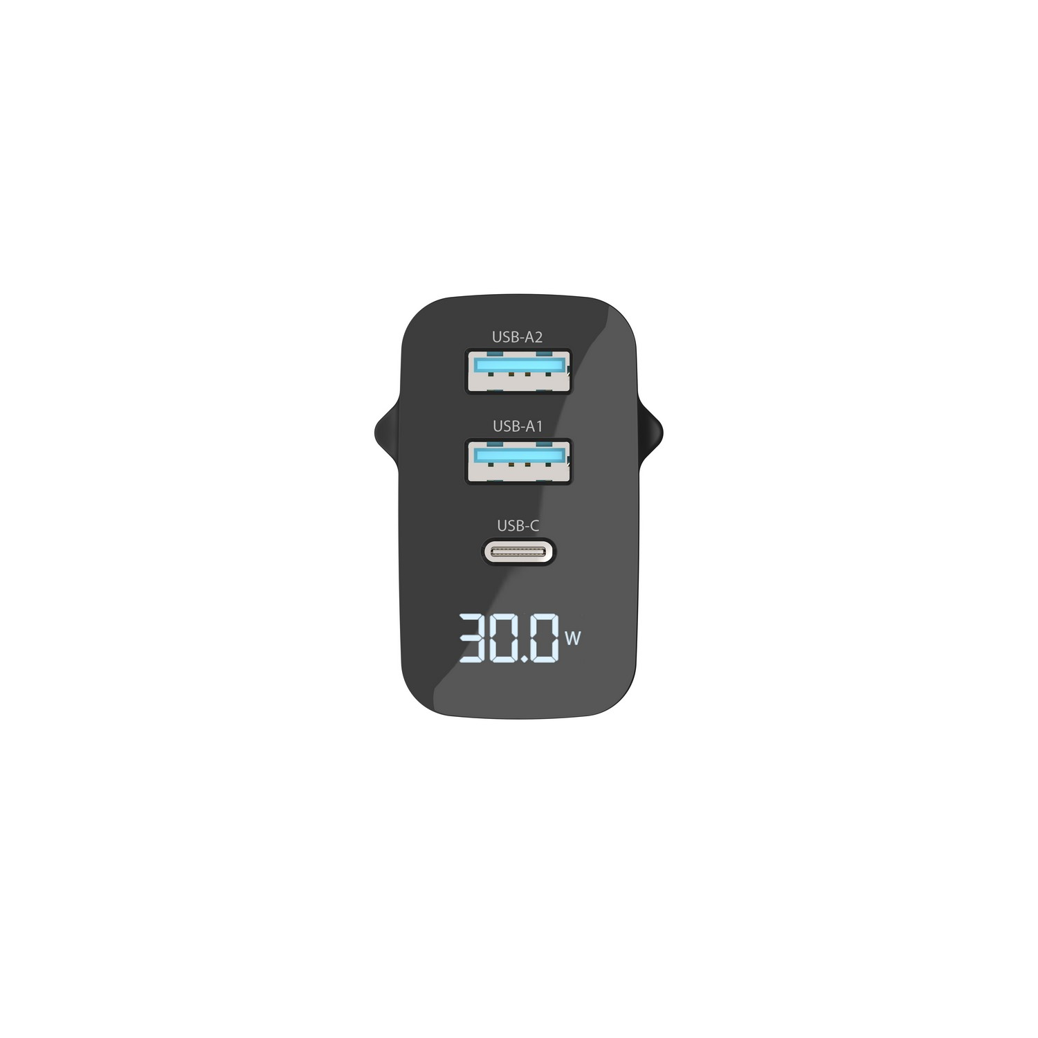 Een zwarte USB-oplader met drie poorten: twee USB-A en één USB-C. Toont '30.0W'.