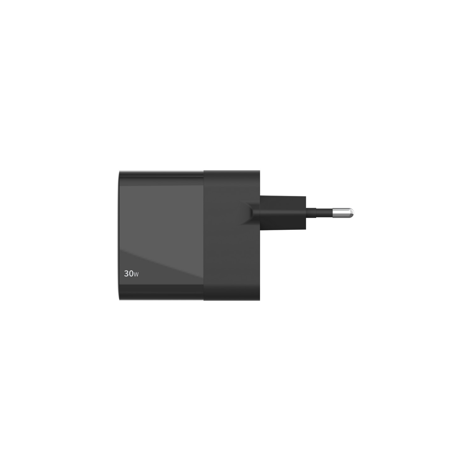 Zwarte 30W-oplader met stekker. De oplader staat op een witte achtergrond.