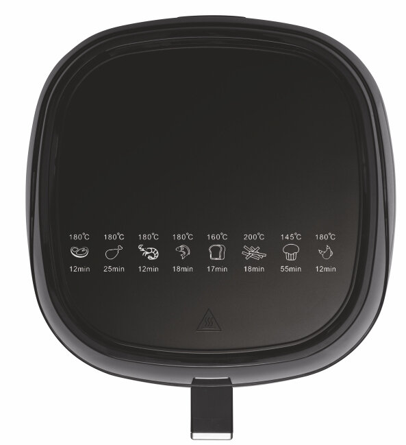 Widok z góry na panel sterowania frytownicy powietrznej z ustawieniami temperatury i czasu dla różnych potraw.