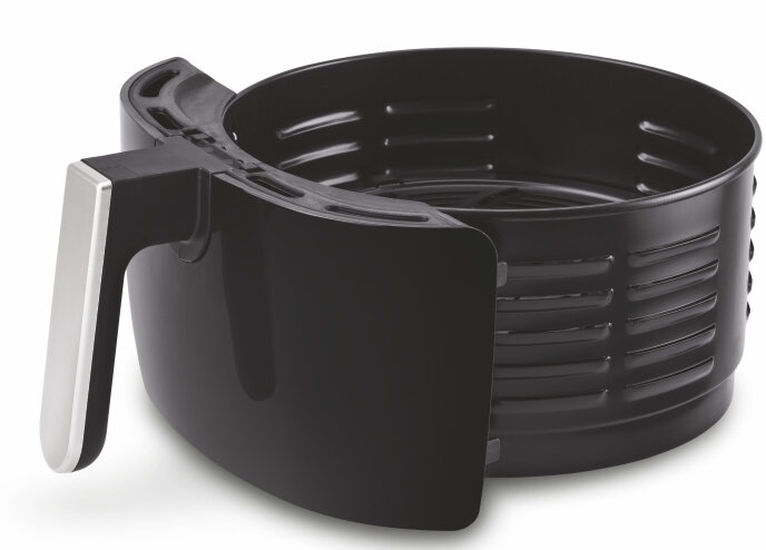 Kosz do frytownicy powietrznej, czarny, z uchwytem i zakrzywionym designem, na białym tle.