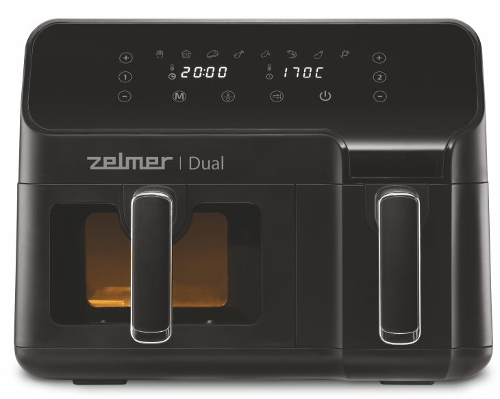 Czarna frytkownica beztłuszczowa Zelmer Dual. Dwie komory z uchwytami i wyświetlaczem cyfrowym.