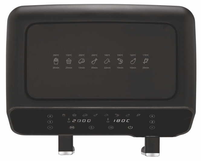 Czarny panel sterowania frytkownicy powietrznej z przyciskami i wyświetlaczem pokazującym czas i temperaturę.