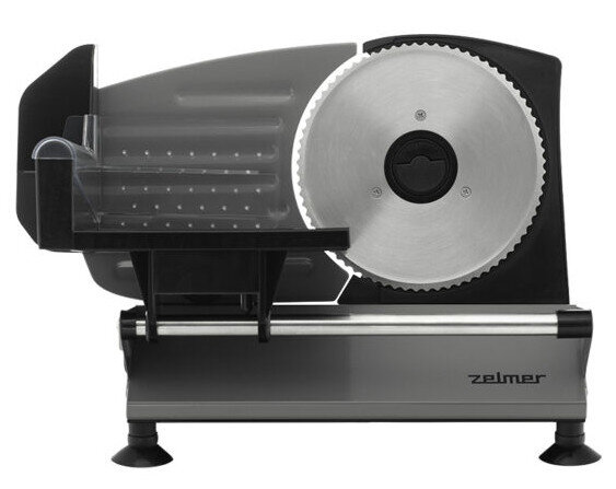 Szara krajalnica do żywności. Widok z boku. Tekst: Zelmer.