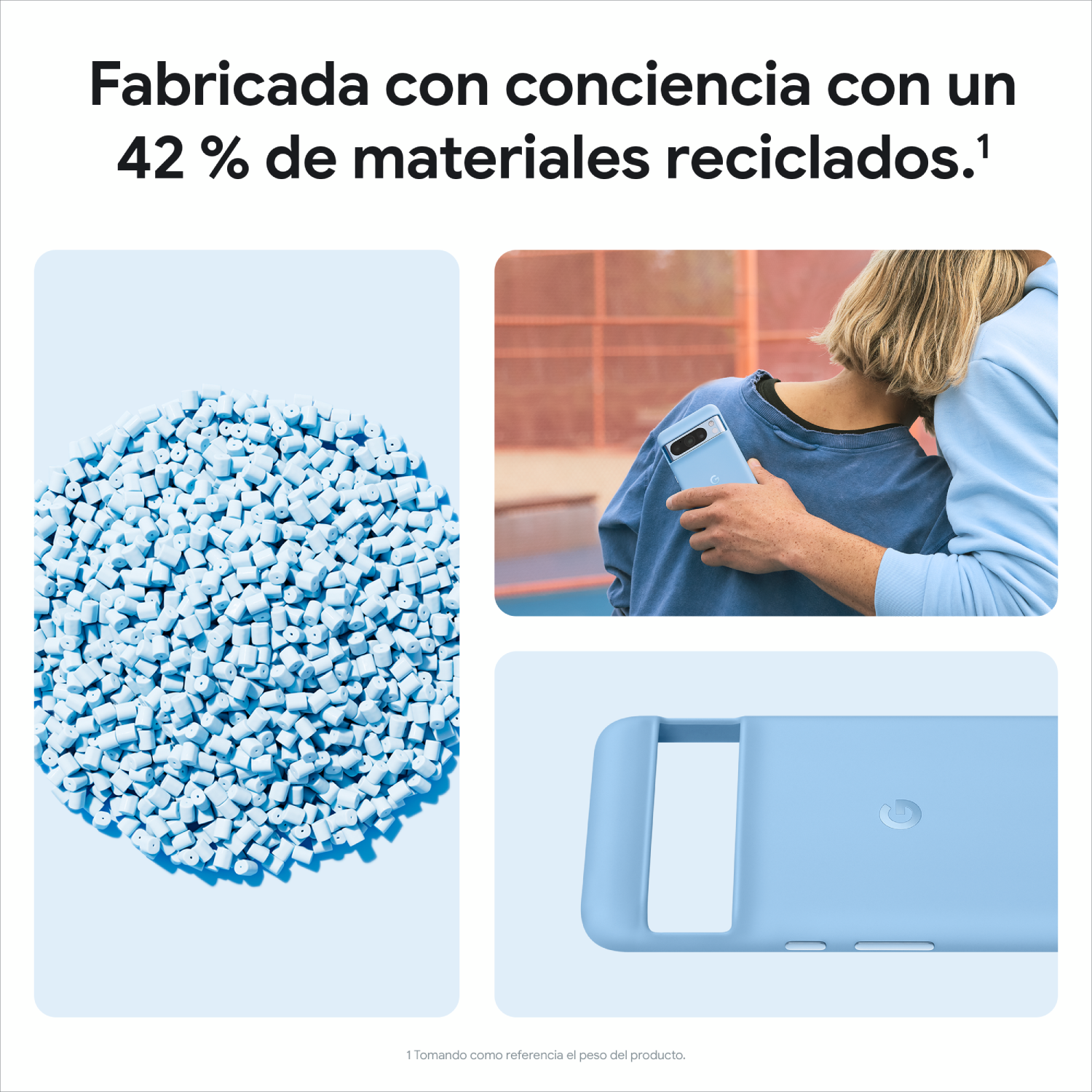 Tres imágenes. Bolitas, manos sujetando funda, y una funda. Texto: fabricado con 42% de materiales reciclados.
