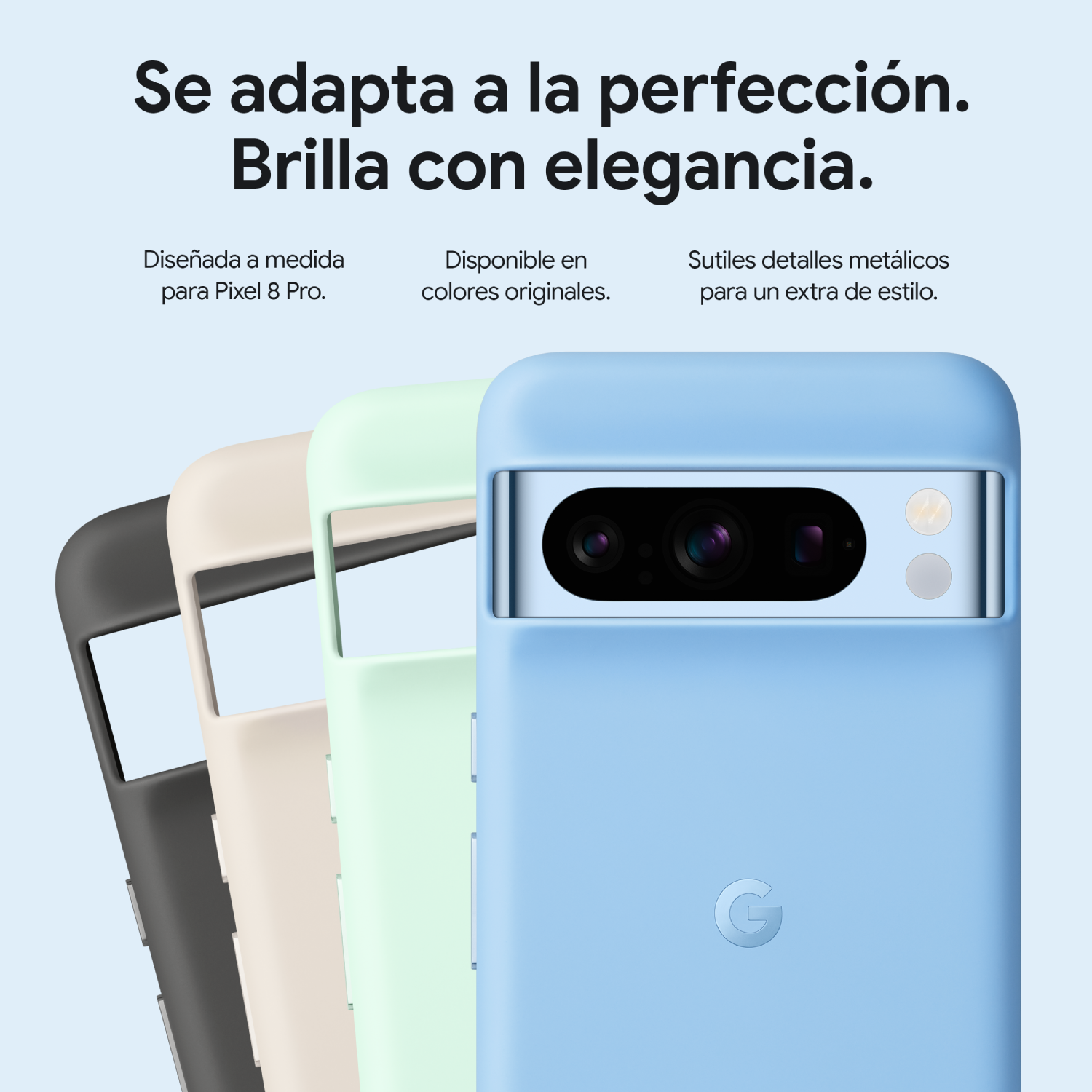 Fundas para teléfono Pixel 8 Pro en varios colores, con el logotipo de Google y cámaras del teléfono.