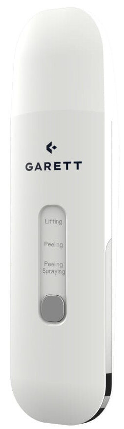 Białe urządzenie do oczyszczania twarzy z przyciskiem i etykietami tekstowymi dla 'Lifting', 'Peeling' i 'Spraying'.