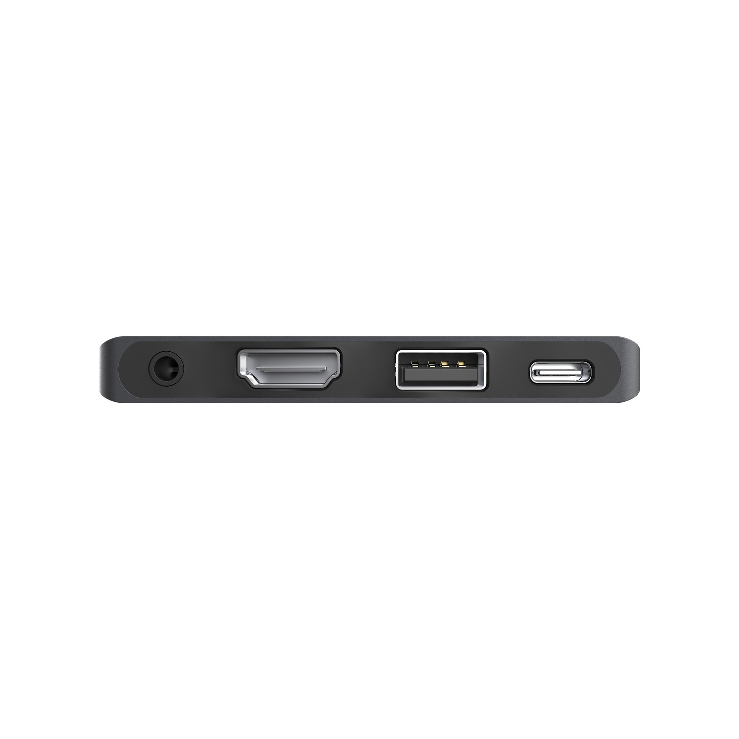 Un appareil noir avec des ports : prise casque, HDMI, USB et USB-C, sur fond blanc.