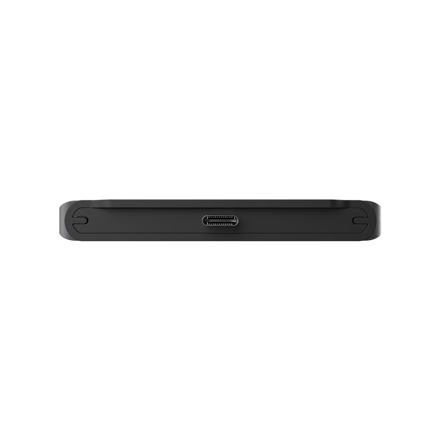 Vue de dessus d'un appareil rectangulaire noir avec port USB. Il est sur fond blanc.