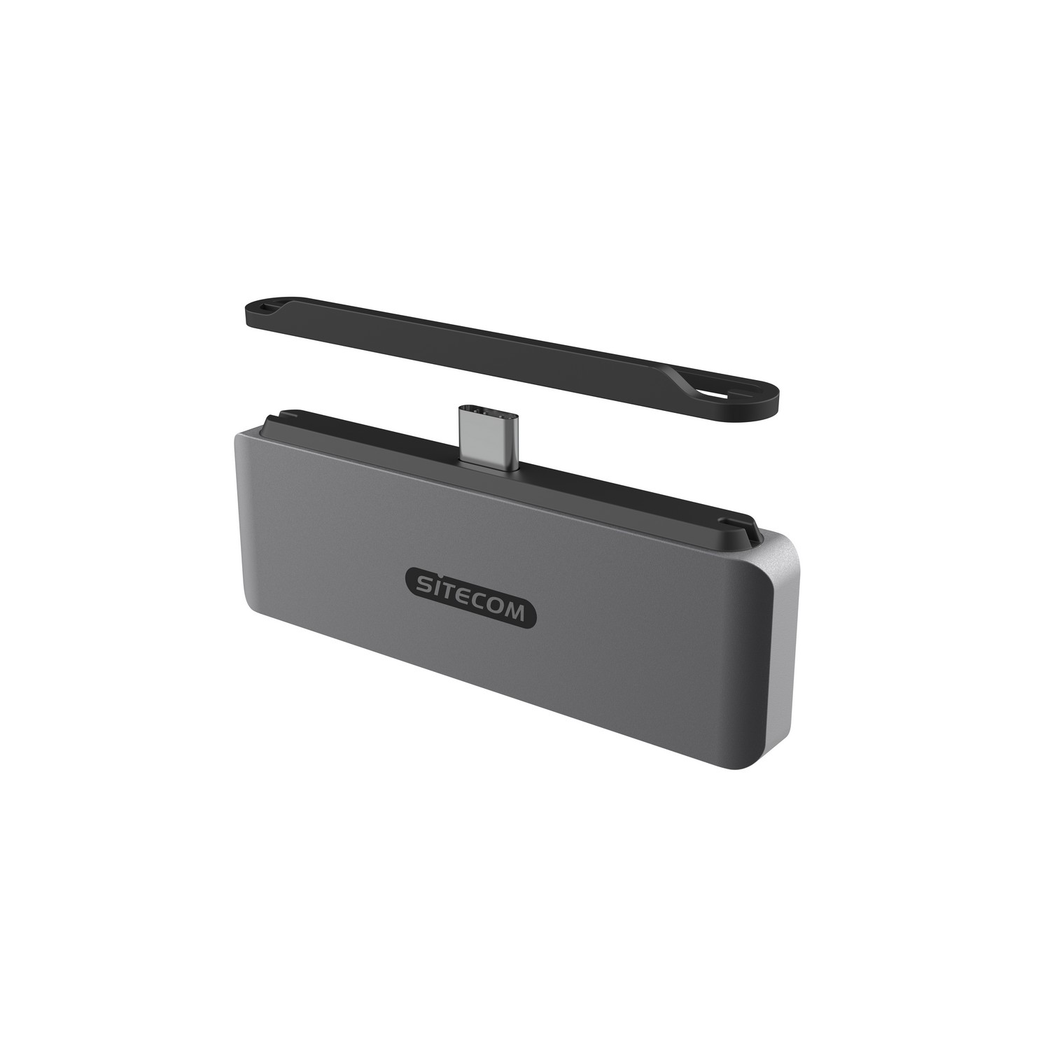 Hub USB-C Sitecom gris avec une ouverture.