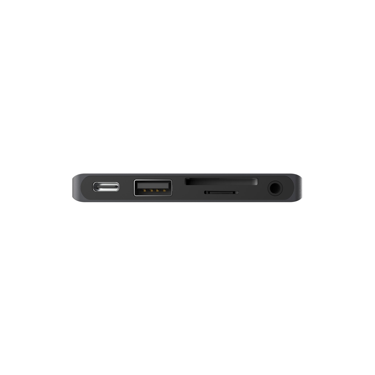 Un appareil noir avec plusieurs ports. Un port USB-C, un port USB et une prise audio.