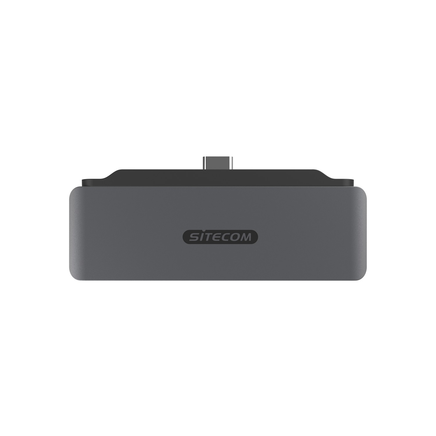 Un appareil rectangulaire gris avec le logo 'SITECOM'. Il possède un port de charge sur le dessus.