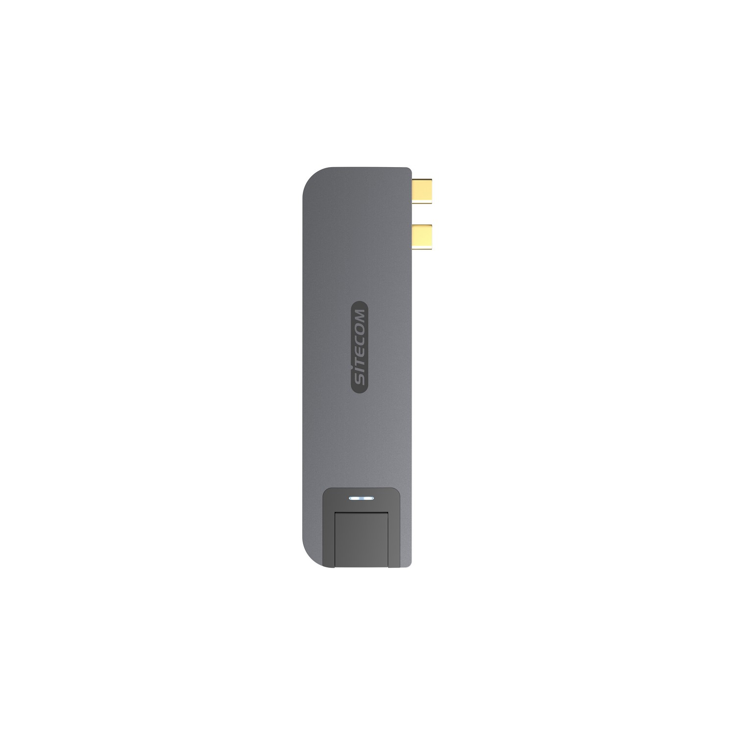 Un adaptateur SITECOM gris avec deux connecteurs dorés. Il a un bouton noir et un petit logo.