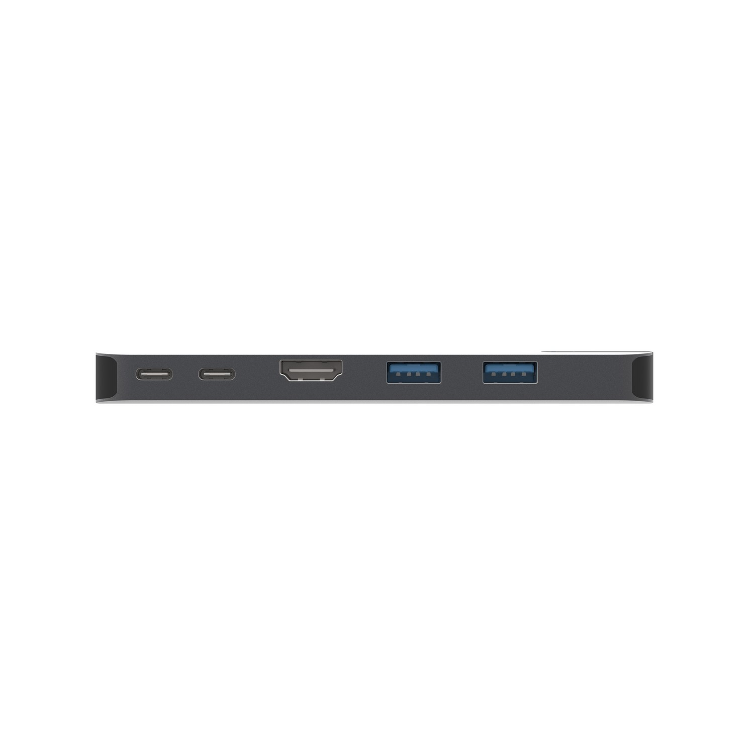 Hub noir avec plusieurs ports. Les ports incluent USB, HDMI et USB-C. Fond blanc.