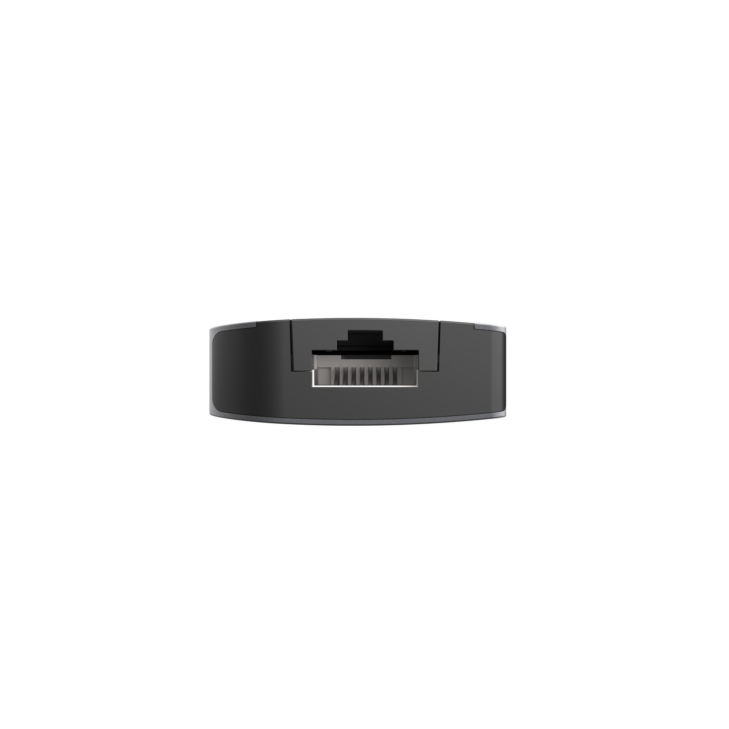Appareil réseau noir avec port pour câble Ethernet, sur fond blanc.