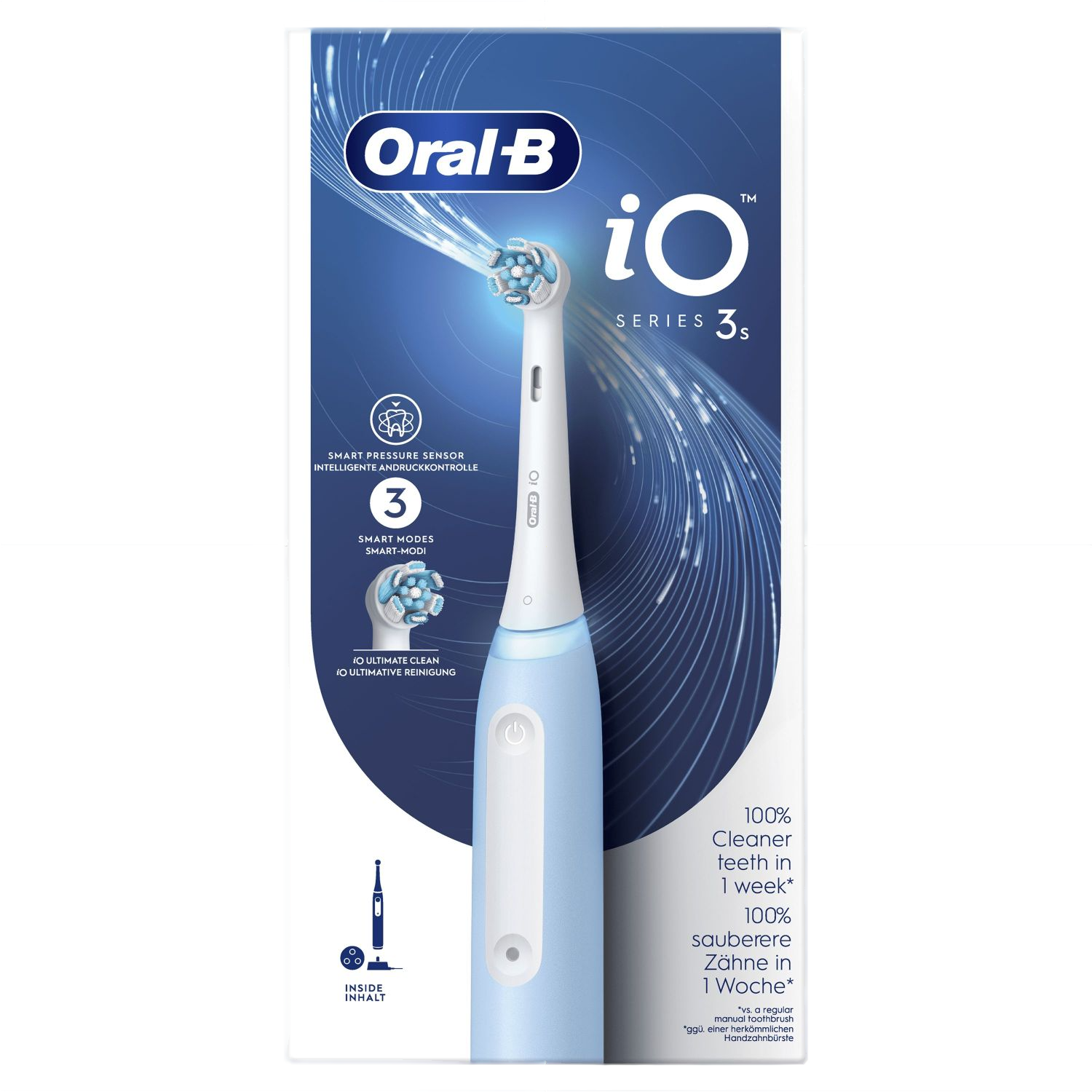 A blue Oral-B iO Series 3s electric toothbrush in its packaging.