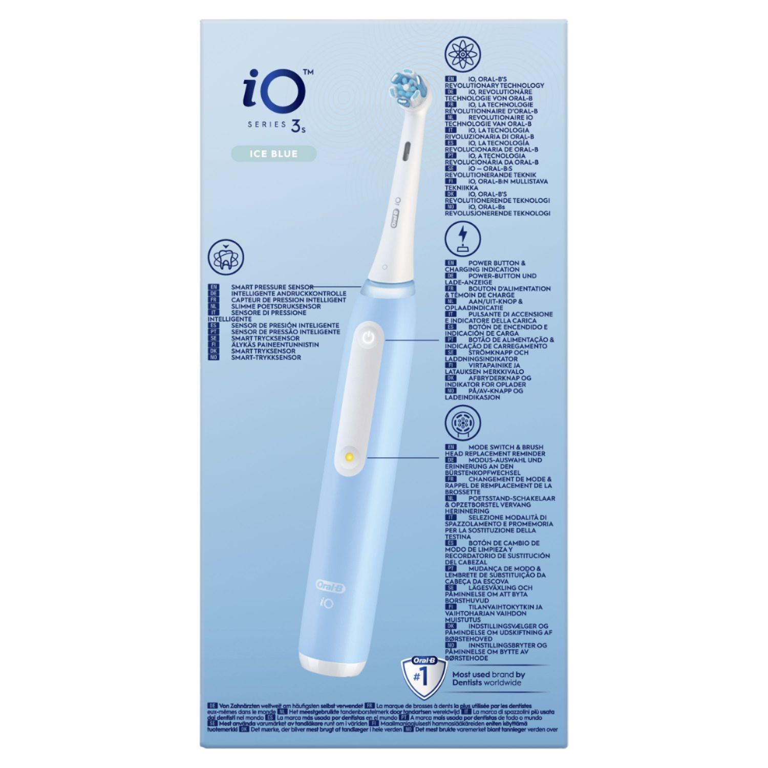 Blue and white Oral-B IO Series 3s electric toothbrush. It has a blue handle with various icons.