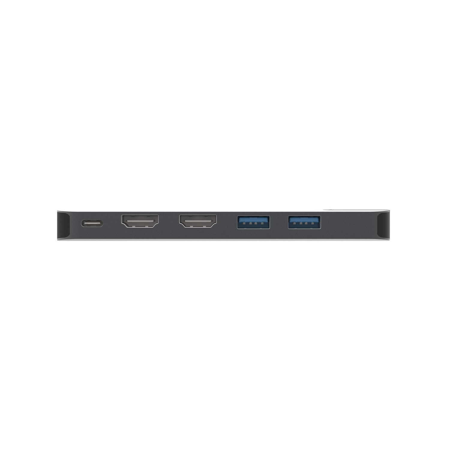 Un hub noir avec plusieurs ports, dont HDMI et USB, sur fond blanc.