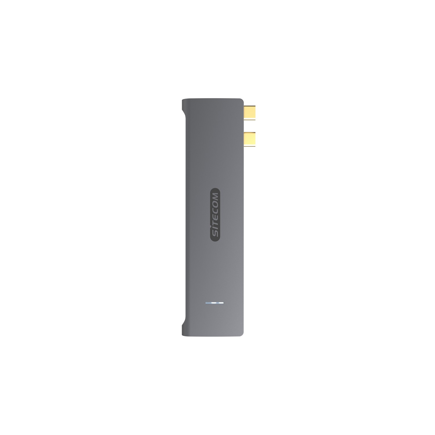Un appareil SITECOM gris. Il possède des connecteurs dorés à une extrémité et un petit port à l'autre.