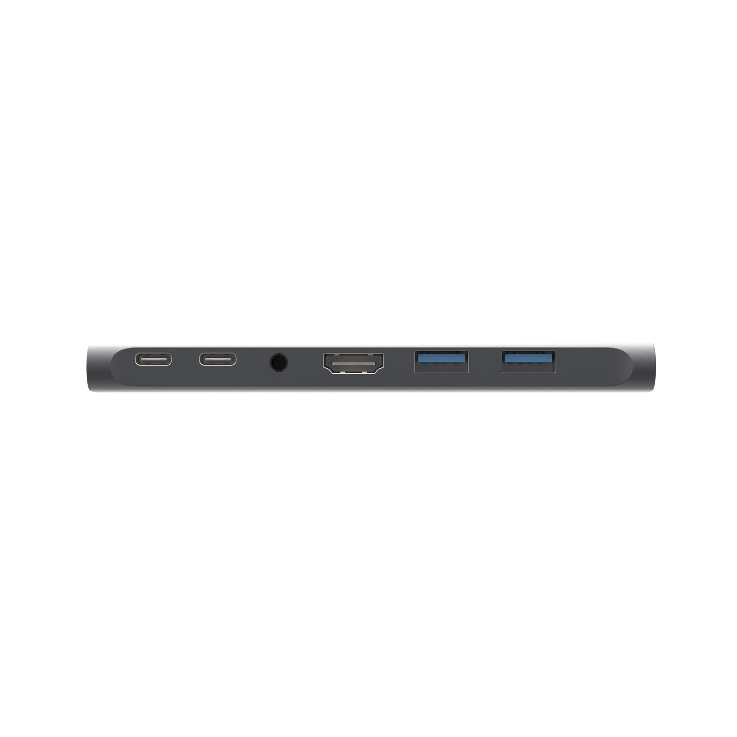 Un hub USB-C multiport gris avec plusieurs ports.