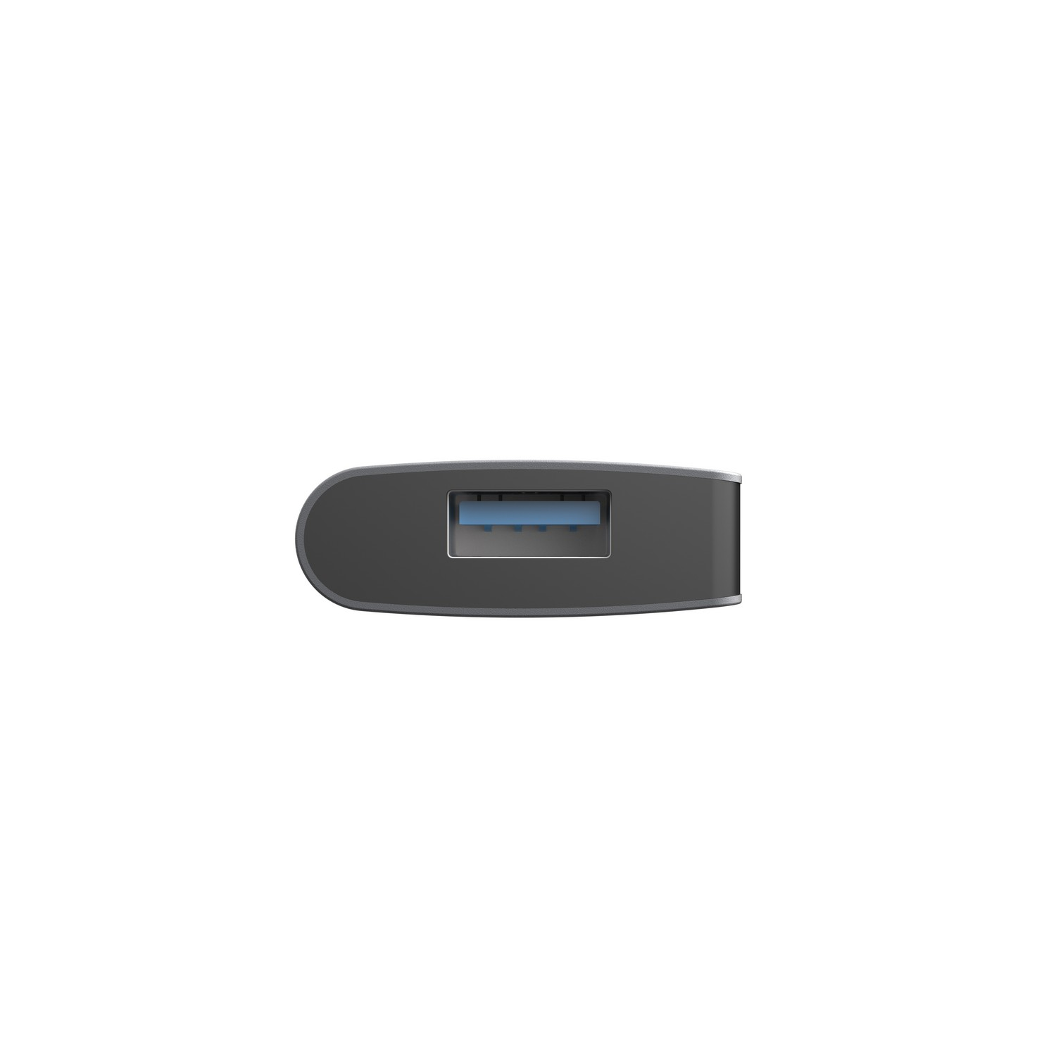 Un appareil USB noir avec un seul port USB, vu de dessus, sur fond blanc.
