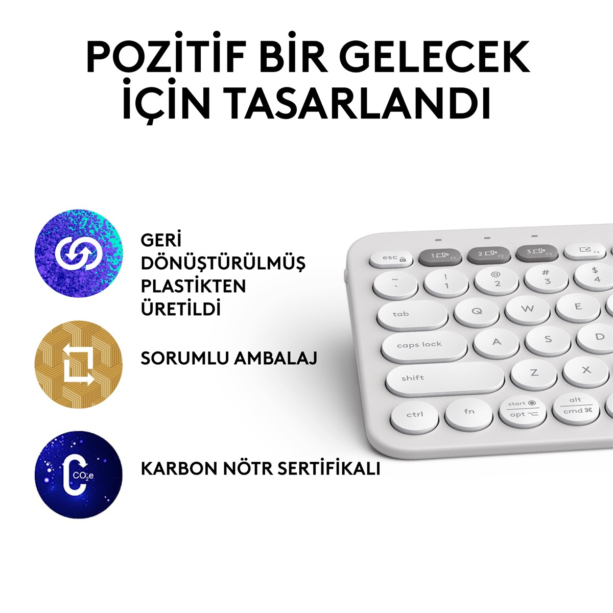 Türkçe metinli bir klavye. Geri dönüştürülmüş plastik, sorumlu ambalaj ve karbon nötr için logolar.
