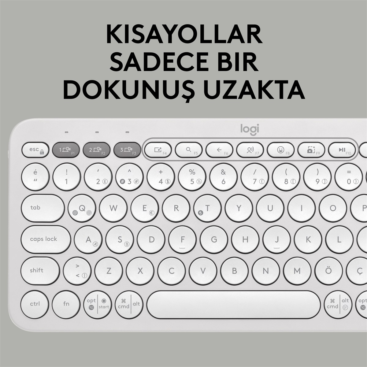Yuvarlak tuşlu beyaz klavye. Metinde 'kısayollar sadece bir dokunuş uzakta' yazıyor ve sağ üstte Logi logosu var.