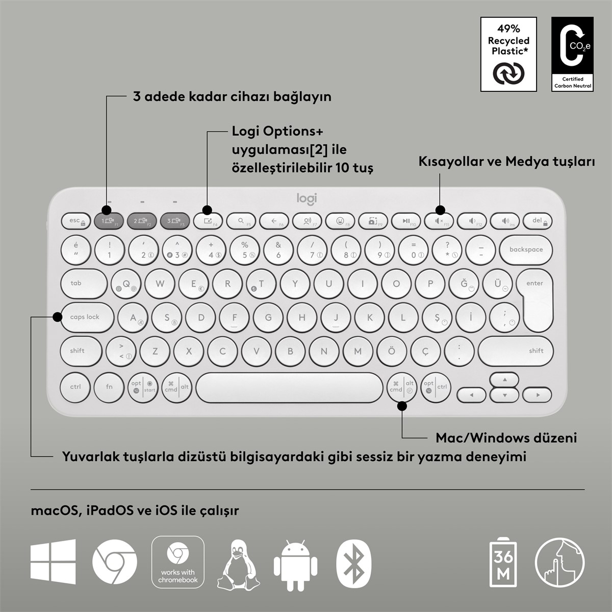 Minimalist bir tasarıma sahip beyaz bir klavye, Türkçe metin ve işletim sistemi uyumluluğu logoları.
