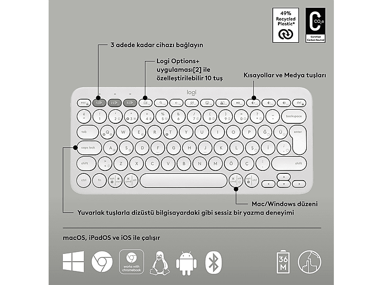 LOGITECH Pebble Keys 2 K380s Multi-Device Bluetooth Klavye Beyaz (Türkçe Tuş Dizimi)_6