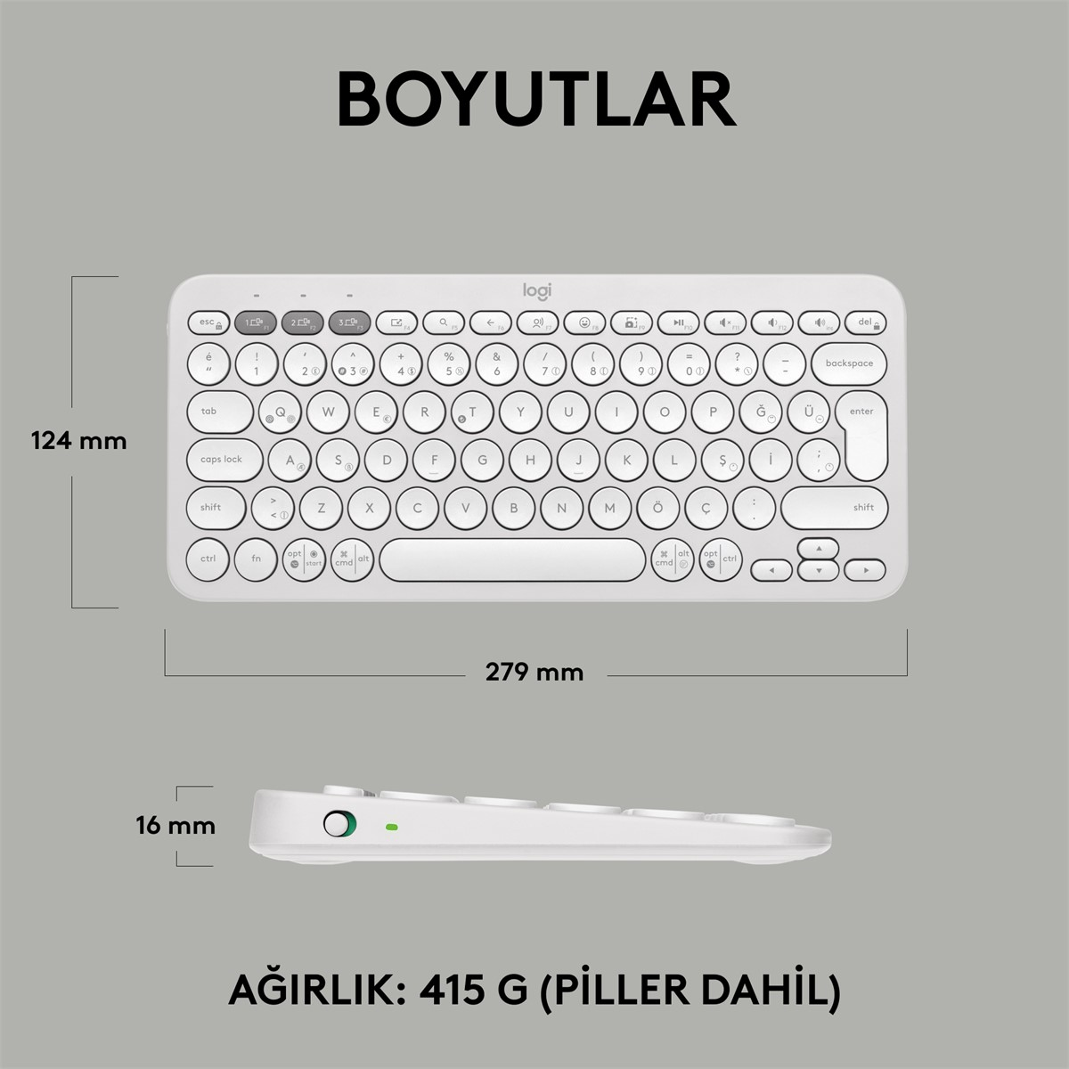 Siyah tuşlu beyaz bir klavye. Boyutlar gösteriliyor. Arka plan beyaz.