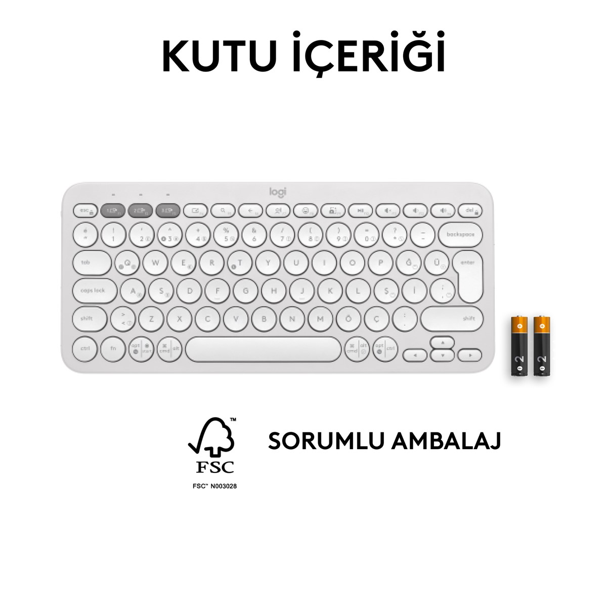 İki pil ve bir sürdürülebilirlik logosu olan beyaz bir klavye.
