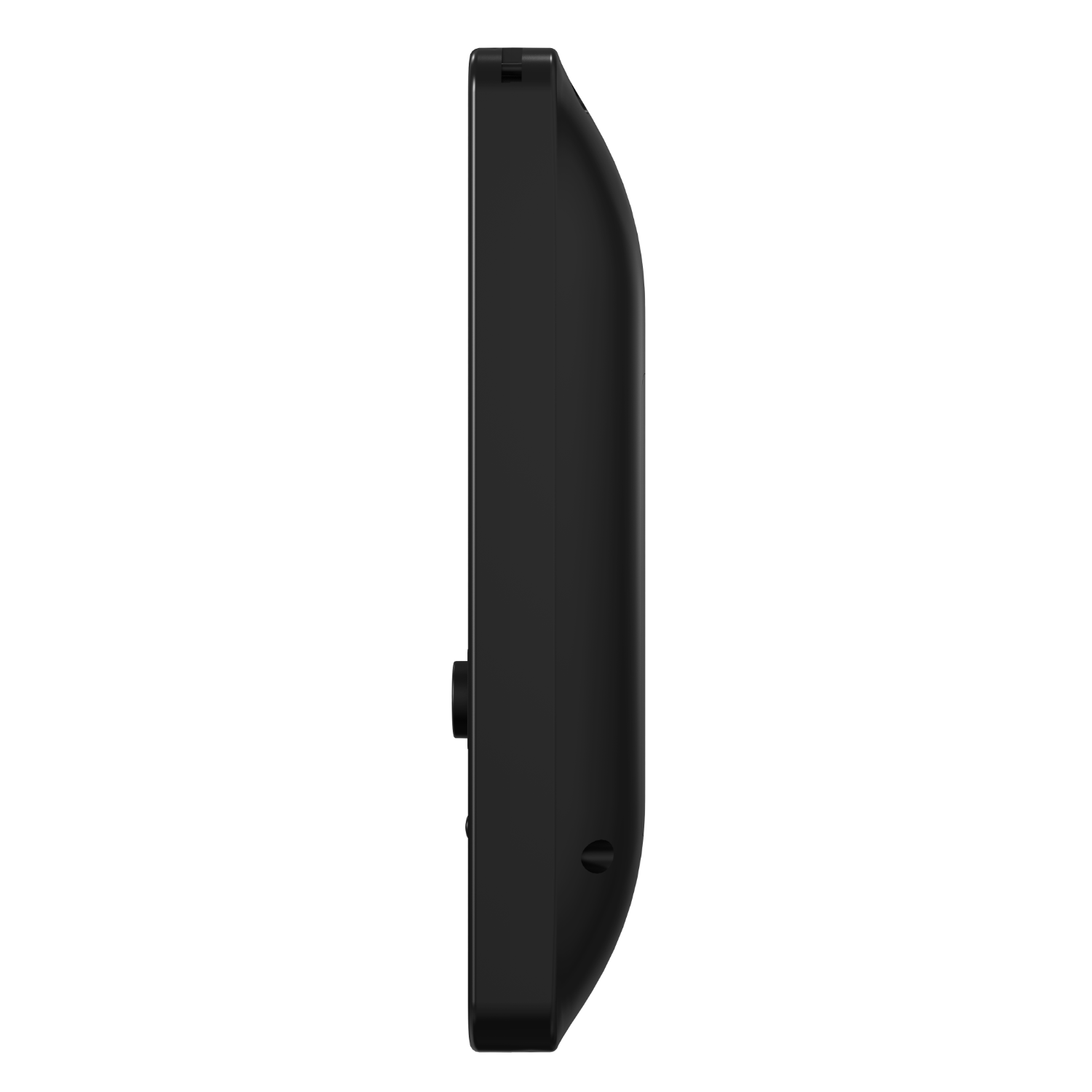 A black rectangular device on a black background. It has a button and a small opening.