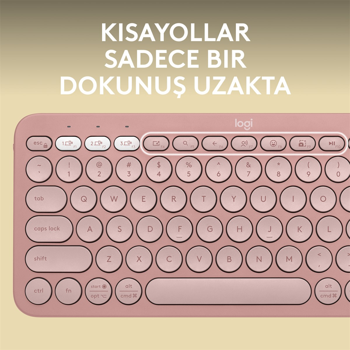 Beyaz tuşlu pembe klavye. Yukarıdaki metin 'kısayollar sadece bir dokunuş uzakta' diyor.