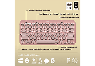 LOGITECH Pebble Keys 2 K380s Multi-Device Bluetooth Klavye Pudra Pembe (Türkçe Tuş Dizimi)_5