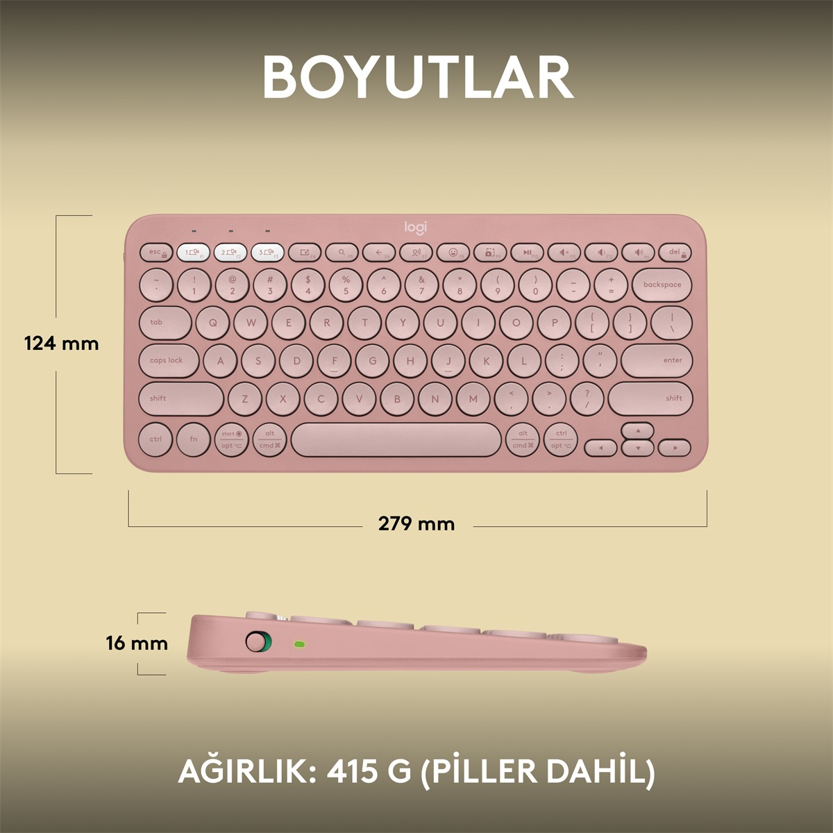 Boyutları ve ağırlık detayları olan pembe bir Logitech klavye. Klavye kablosuzdur.