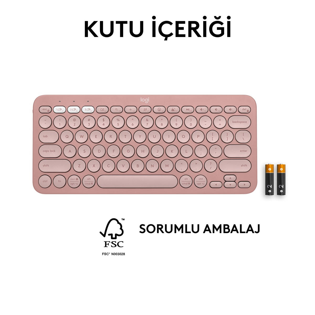 Yuvarlak tuşlu pembe klavye, iki pil ve logo.