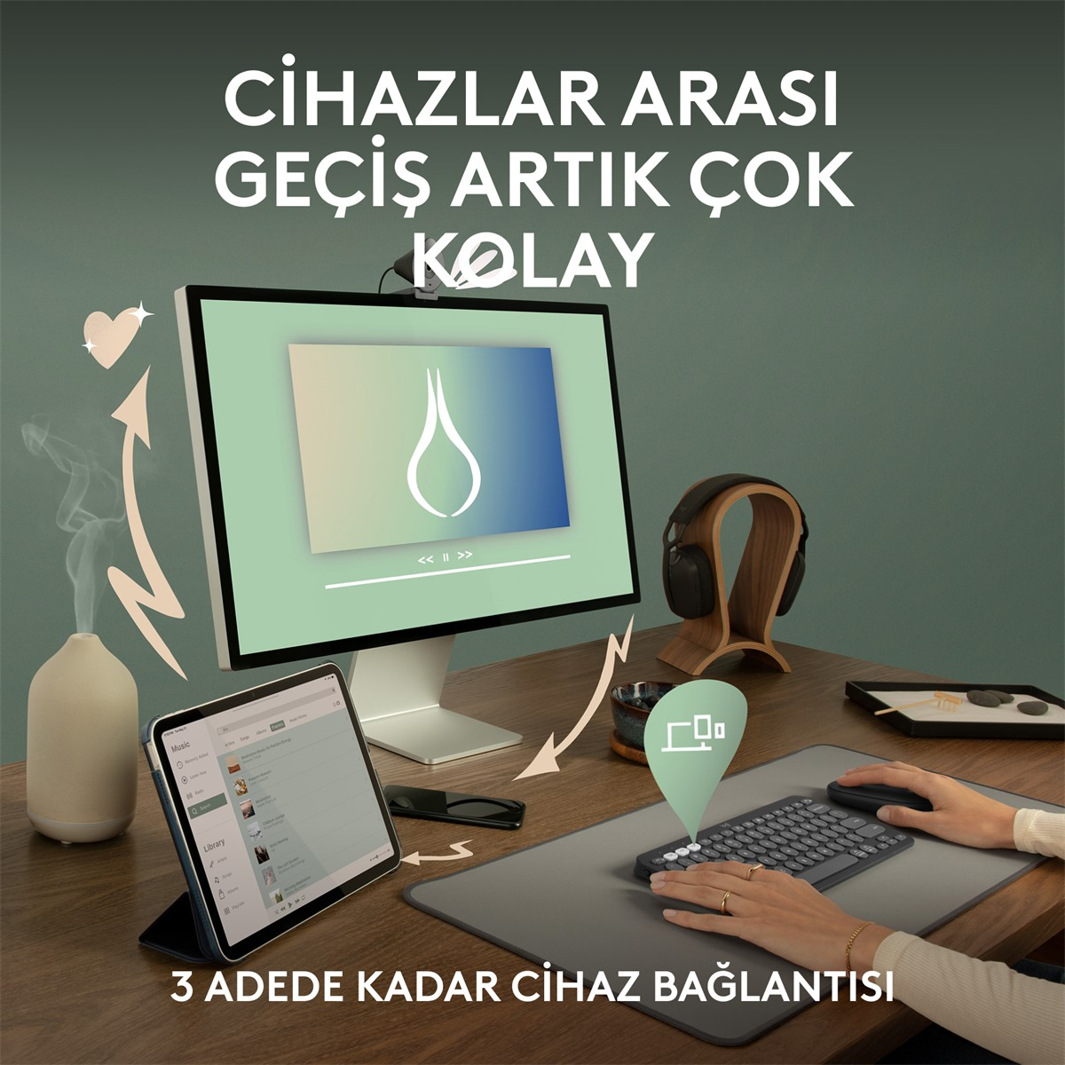 Bir monitör, klavye, tablet ve kulaklık içeren bir masaüstü kurulumu. Metin: 'Cihazlar arasında geçiş kolaydır'.