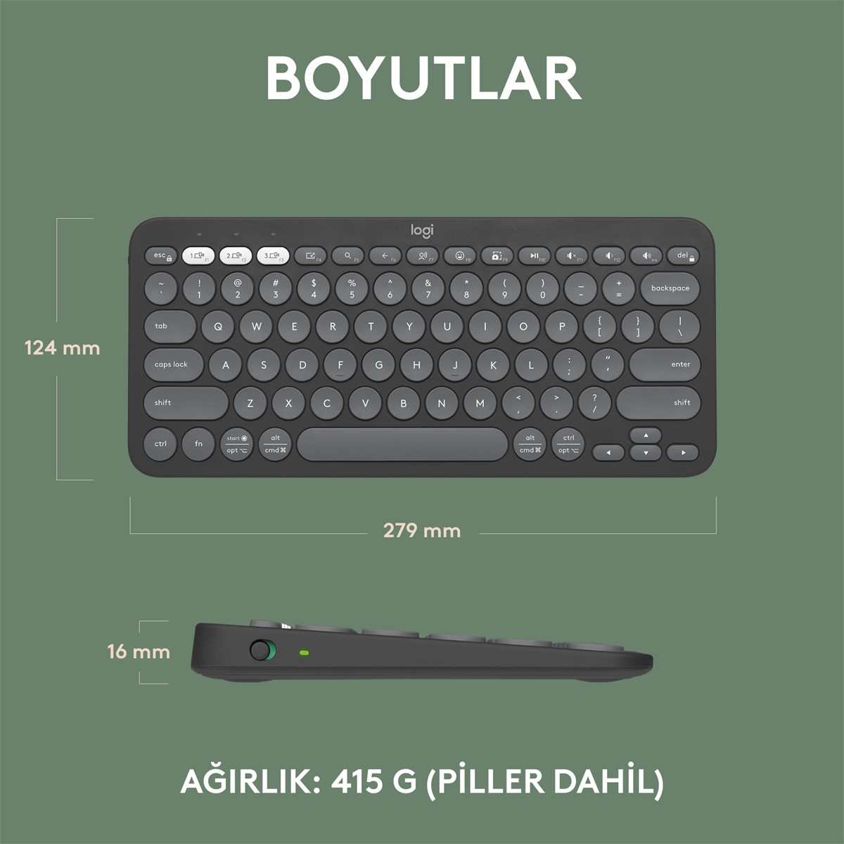 mm cinsinden etiketlenmiş boyutlara ve ağırlık bilgilerine sahip siyah klavye. Klavye kompakttır.