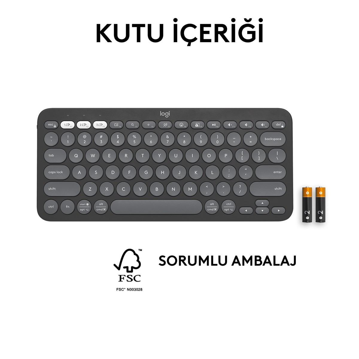 Beyaz harfli siyah klavye ve iki pil. Türkçe metin: KUTU İÇERİĞİ.