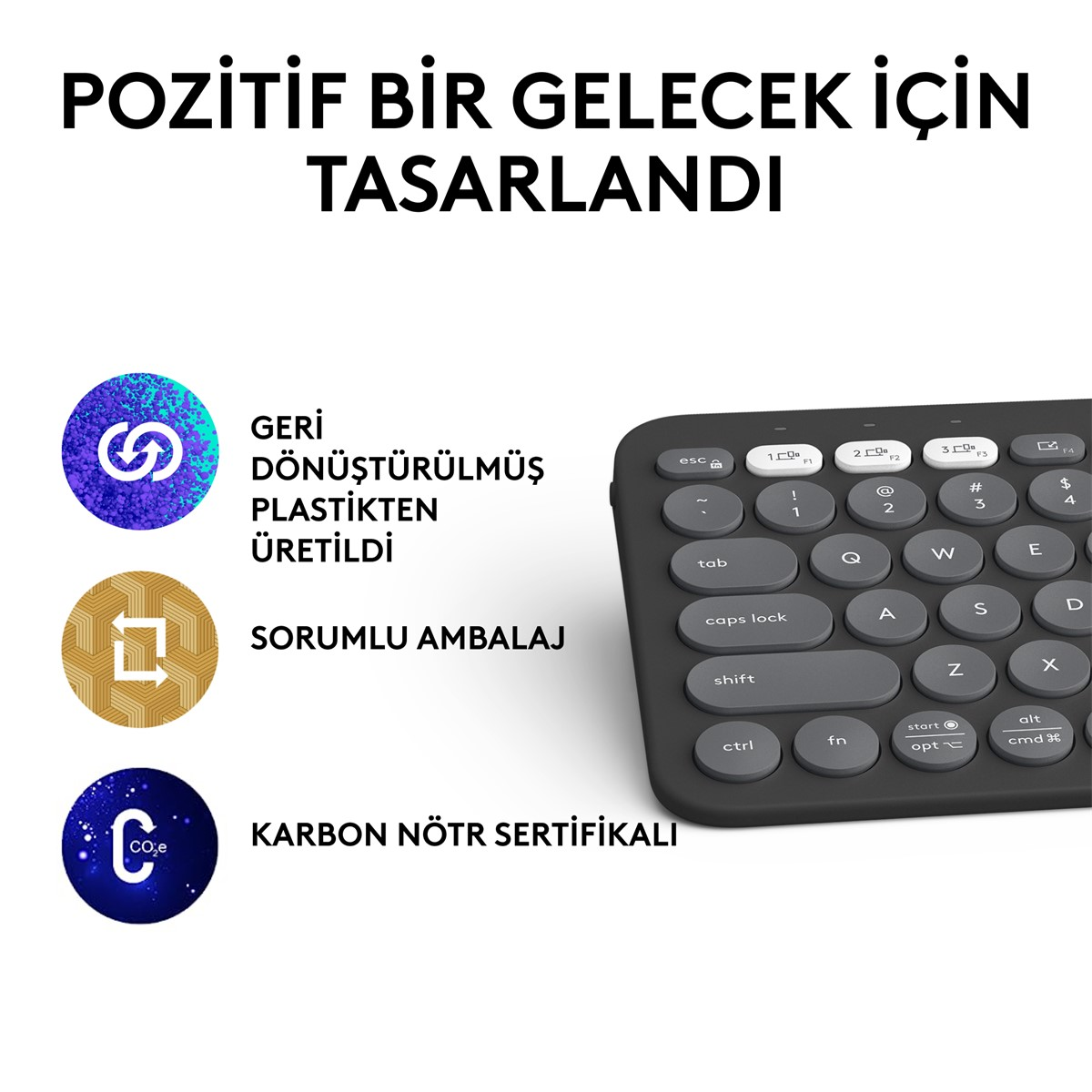 Dairesel logo simgeleri ve Türkçe metin içeren klavye.