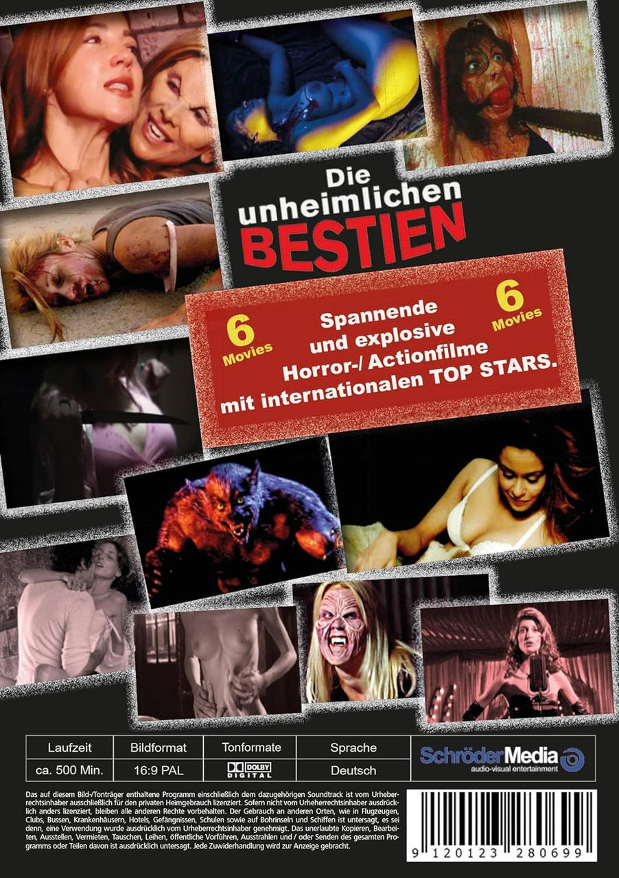 Cover einer Horrorfilm-Compilation-DVD mit verschiedenen Szenen und Text auf Deutsch.