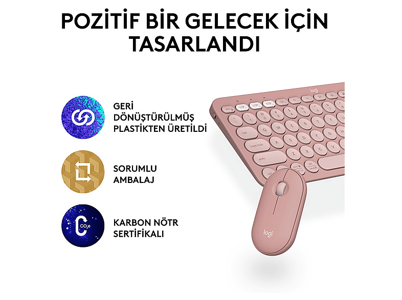 LOGITECH Pebble 2 Multi-Device Bluetooth Klavye & Mouse Seti Pudra Pembe (Türkçe Tuş Dizimi)_1