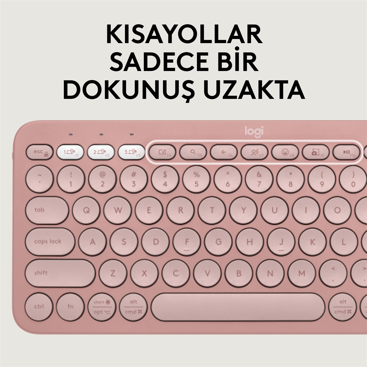 Beyaz tuşlu pembe klavye. Yukarıdaki metin 'kısayollar sadece bir dokunuş uzakta' diyor.