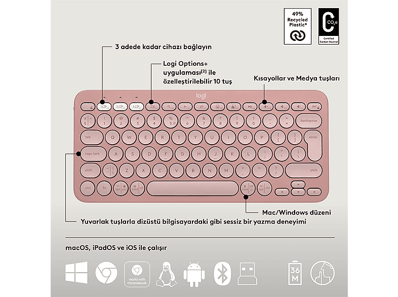 LOGITECH Pebble 2 Multi-Device Bluetooth Klavye & Mouse Seti Pudra Pembe (Türkçe Tuş Dizimi)_6