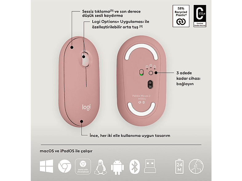 LOGITECH Pebble 2 Multi-Device Bluetooth Klavye & Mouse Seti Pudra Pembe (Türkçe Tuş Dizimi)_7