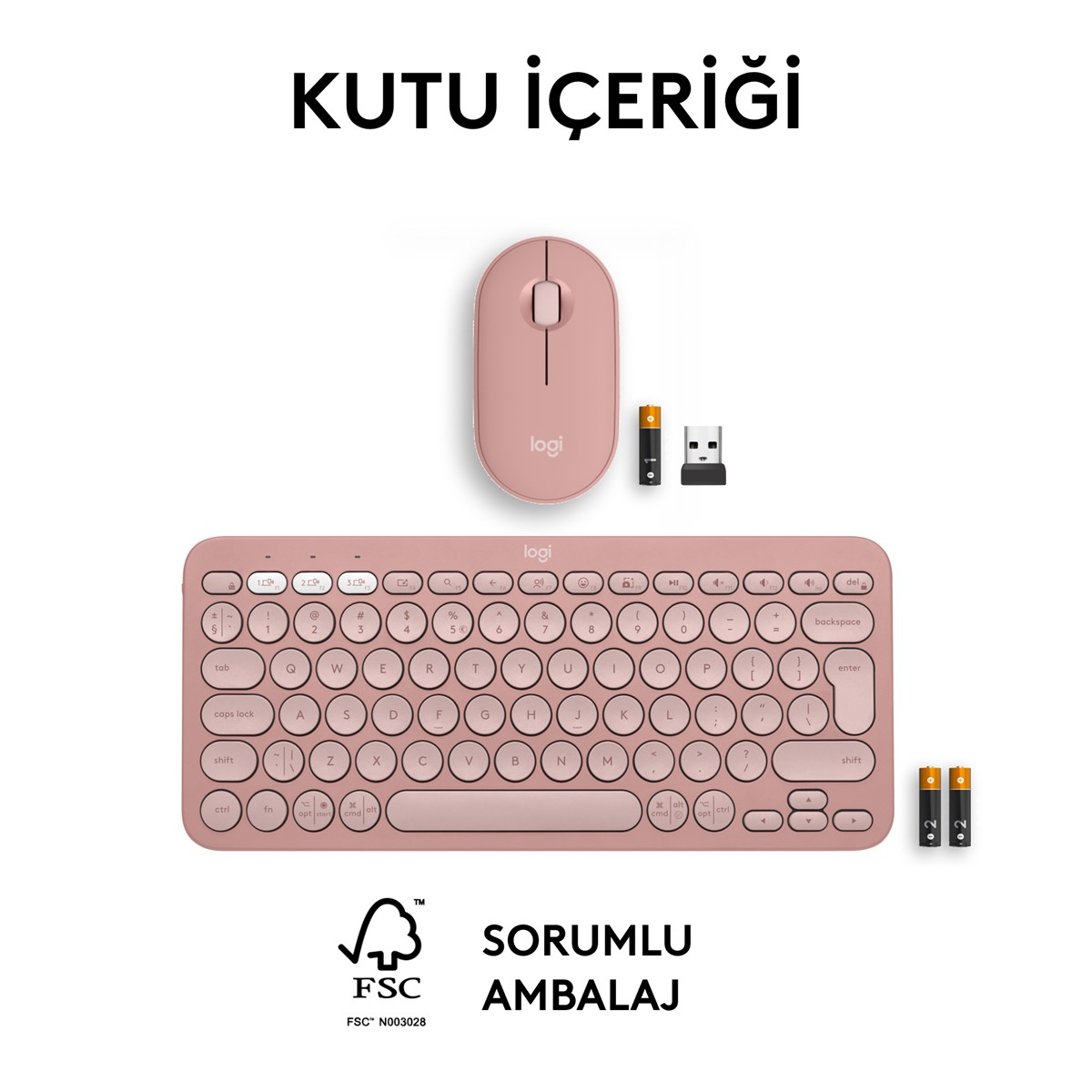 Pembe klavye, fare ve iki pil beyaz bir yüzeyde. Üstte "Kutu Icerigi" kelimeleri.
