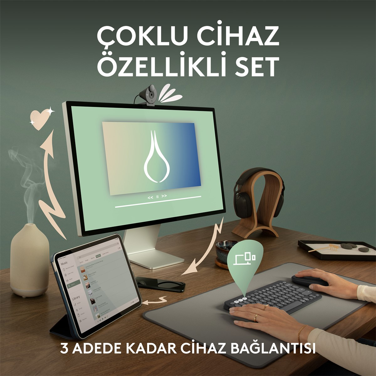 Bilgisayar, tablet, kulaklık ve klavye ile ofis kurulumu, oklar ve metin ile.